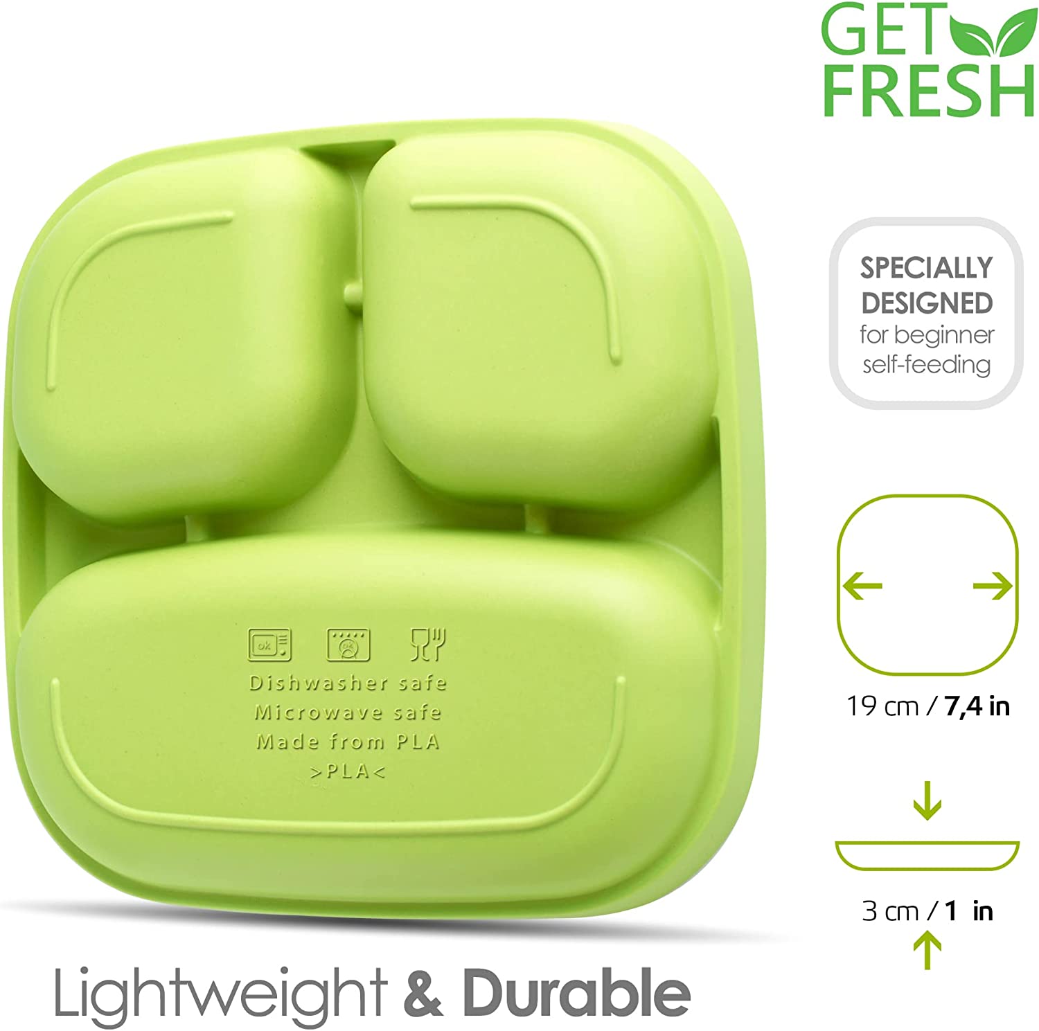 Divided Plates with Deep Sides for Easy Baby, Toddler, Child Feeding,Green  with Lid 